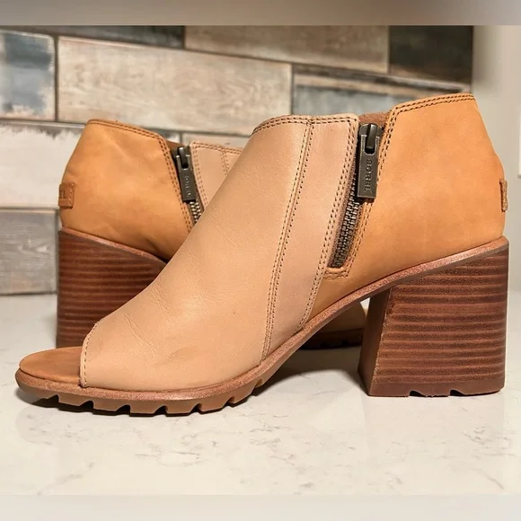Sorel Nadia Leather Peep Toe Block Heel Ankle Bootie Sandals - Picture 2 of 13